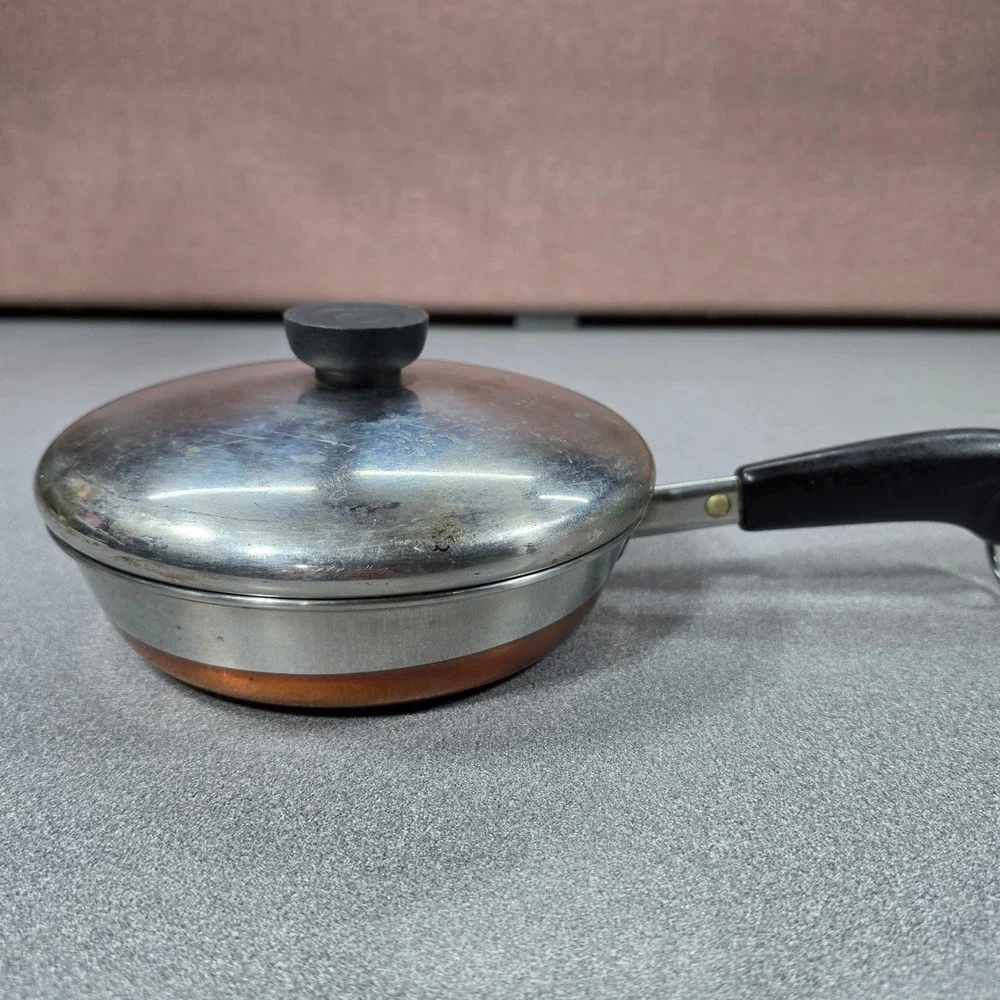 Revere Ware 7 inch Skillet Pan with Lid Copper Bottom Silver Good Vintage USA